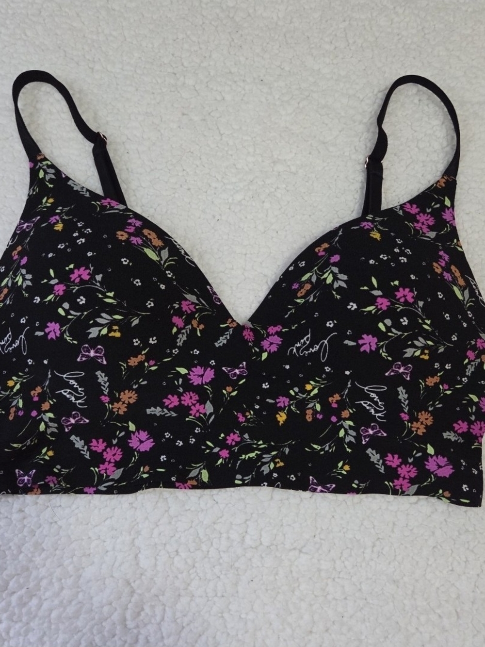 Victorias Secret Pink Push Up Bra Bralette Wireless Padded Black Floral